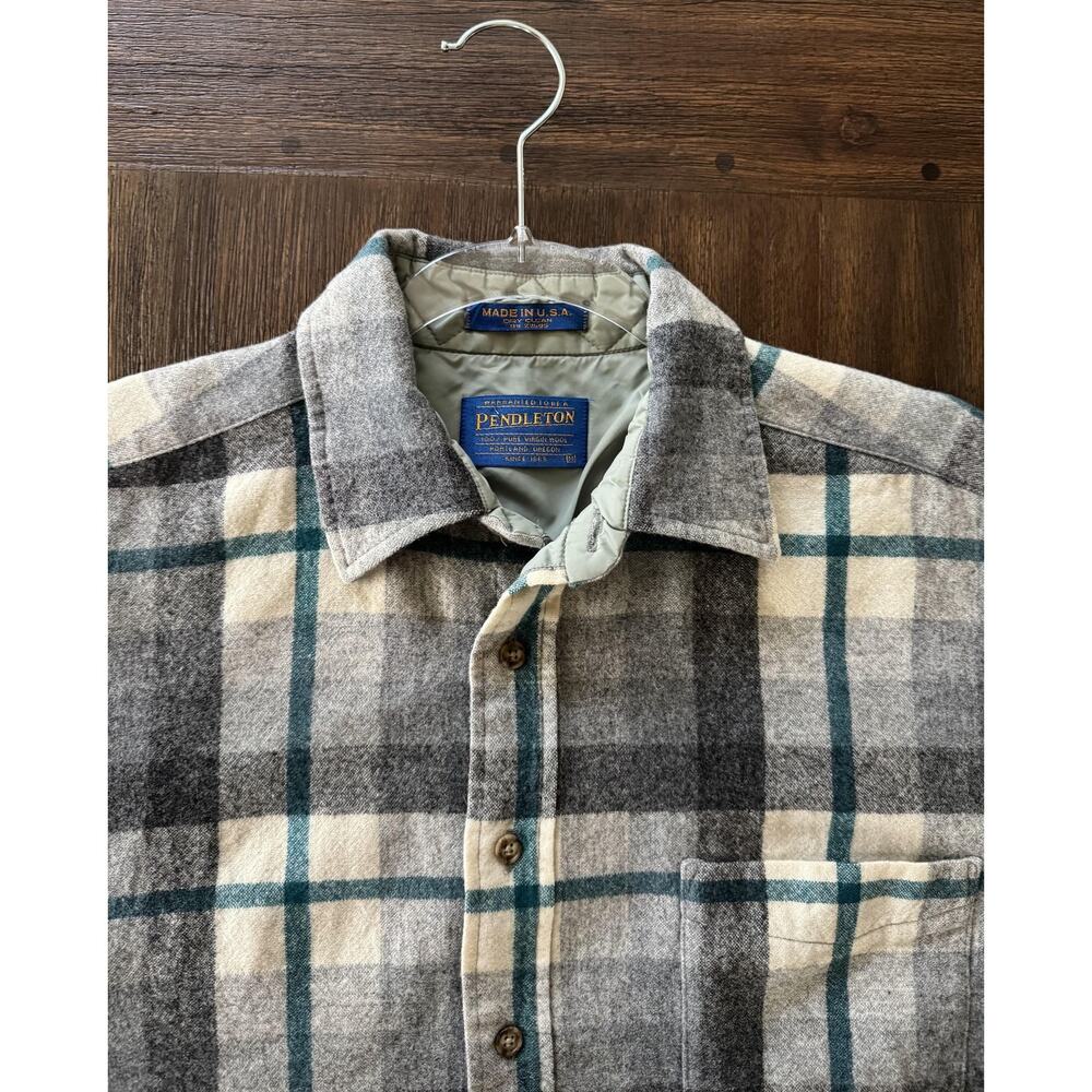 Pendleton Shirt Mens Medium Gray Plaid Wool Flannel Long Sleeve Lined Made USA